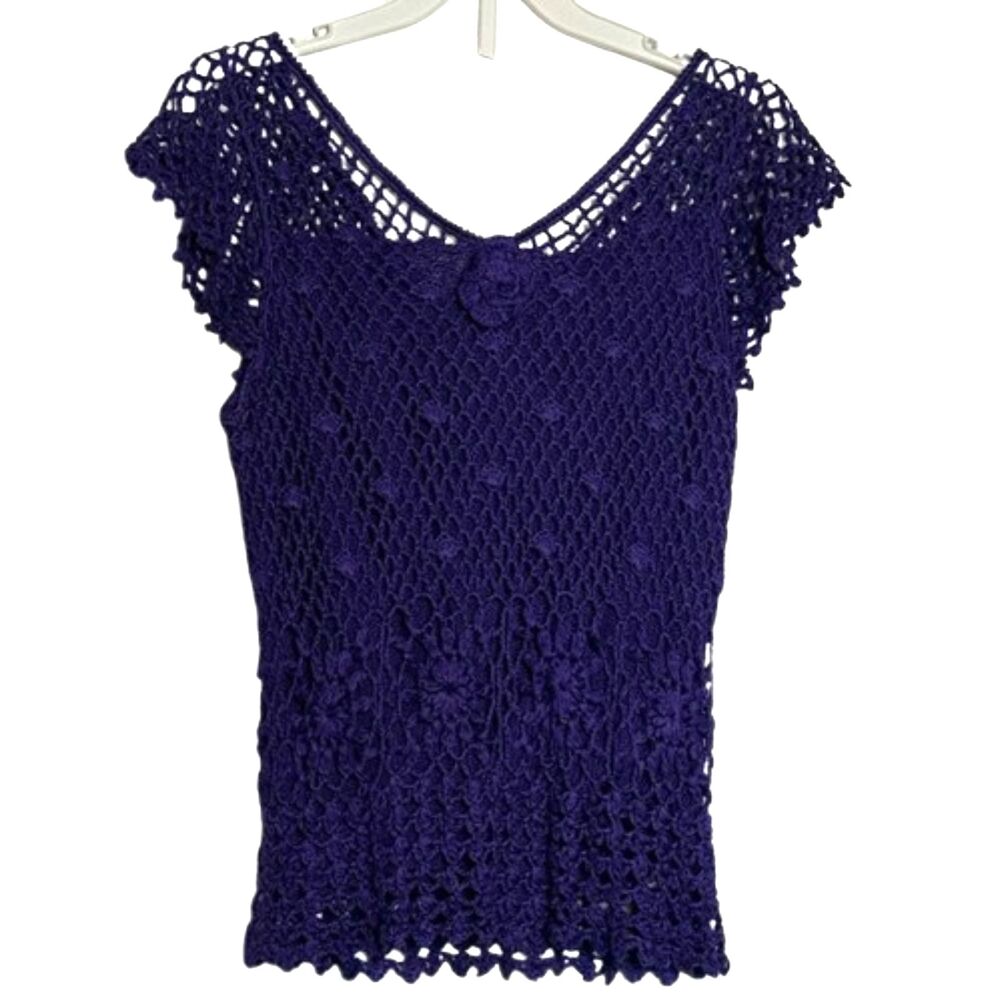 Unbranded Crochet Top Womens Small Lace Floral Fairy Cap Sleeves Festival Purple